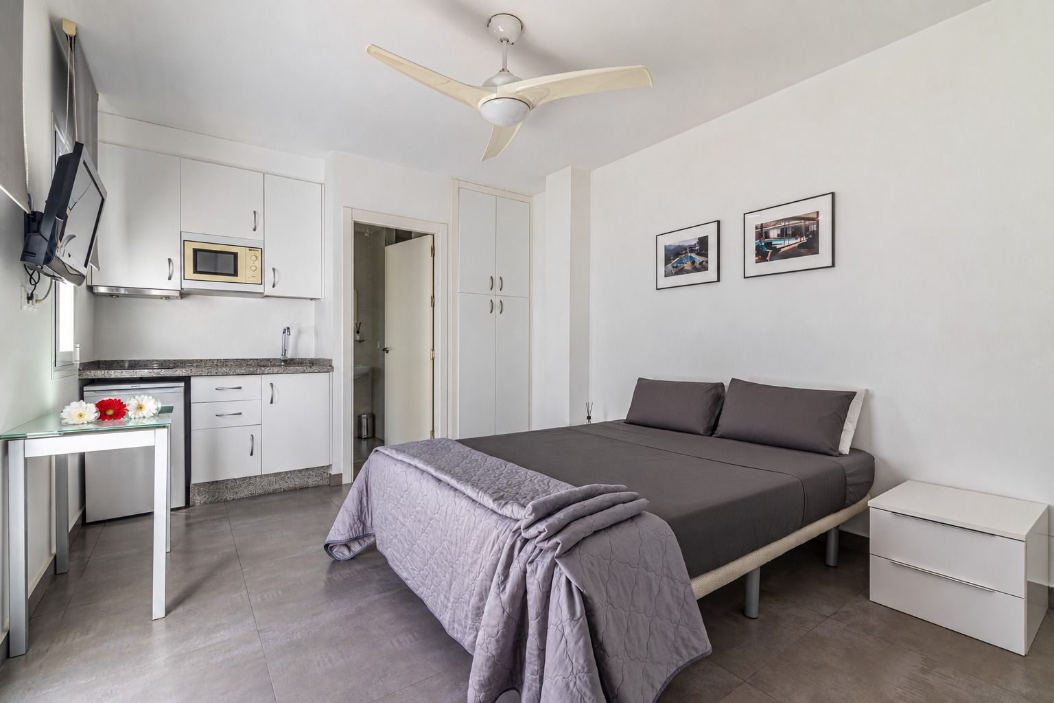 Studio with a double bed, a kitchenette and a ceiling fan